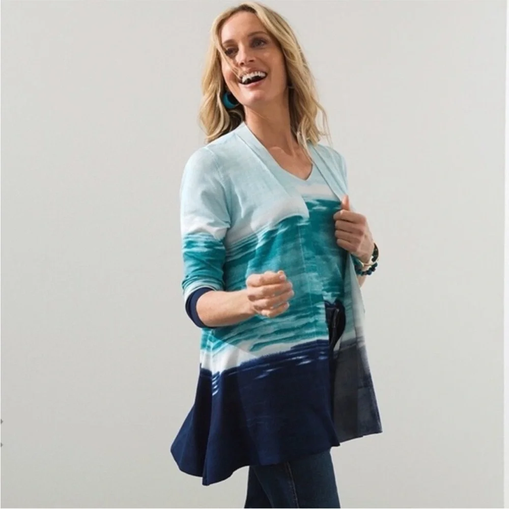 Chicos Ocean Spun Ombre Open Front Coastal Cardigan Size L